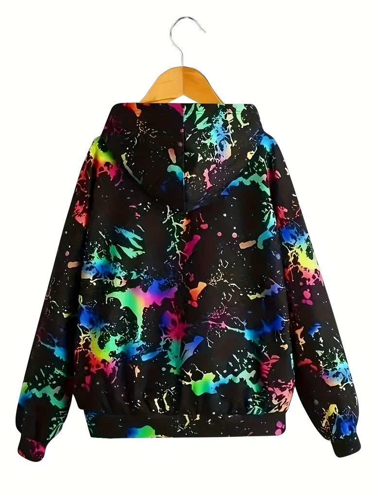 Plus Size Splash Print Hoodie, Casual Drawstring Long Sleeve Hooded Sweatshirt, Women's Plus Size Clothing