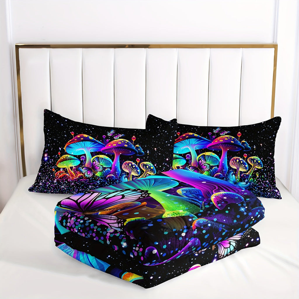 Mushroom Comforter Set, Colorful Sparkle Natural Wild Fungus Bedding Set, Botanical Plants Duvet Set Butterfly Comforter with 2 Pillowcases