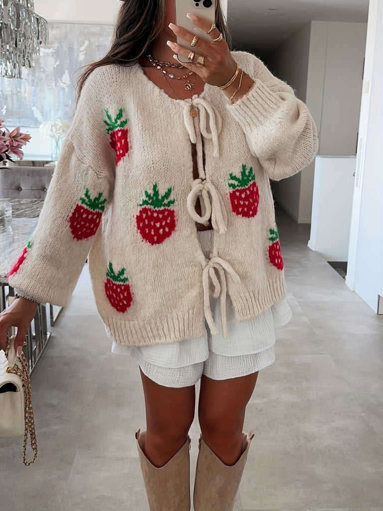 Elegant Polyester Sweater Cardigan with Strawberry Pattern, Round Neck, Long Sleeves, Ribbed Ties, Relaxed Fit for Women - Autumn/Winter Knit Fabric