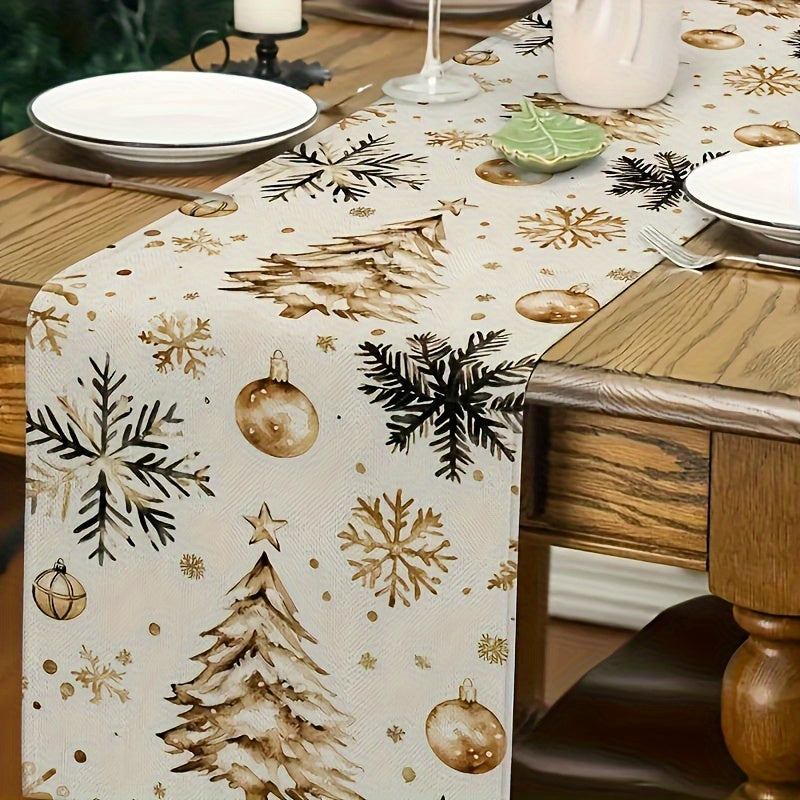 Christmas Cheer Tablecloth - Rectangular Polyester with Golden Christmas Tree, Ornaments & Snowflakes Design - Perfect for Holiday Dining Decor, Machine Washable