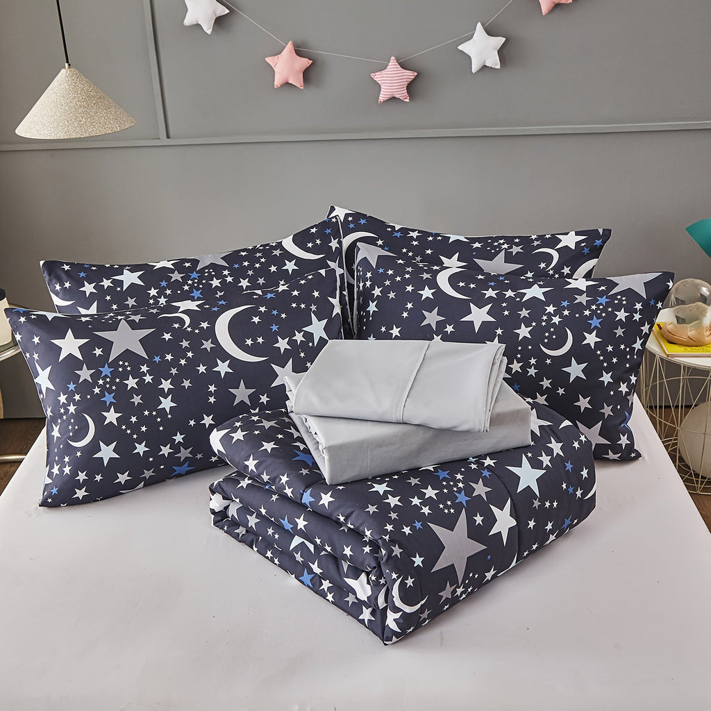 4/5Pcs Starry Sky Print Comforter Sets - Stain-Resistant, Hypoallergenic, And Lightweight Bedding For All Seasons - Twin/Queen Size Bed In A Bag With 100% Polyester Filling Halloween decor