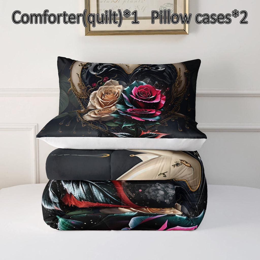 Colorful Rose Comforter Set, Floral Theme Bedding Set, Soft Polyester, 3pcs (1 Comforter and 2 Pillowcases)