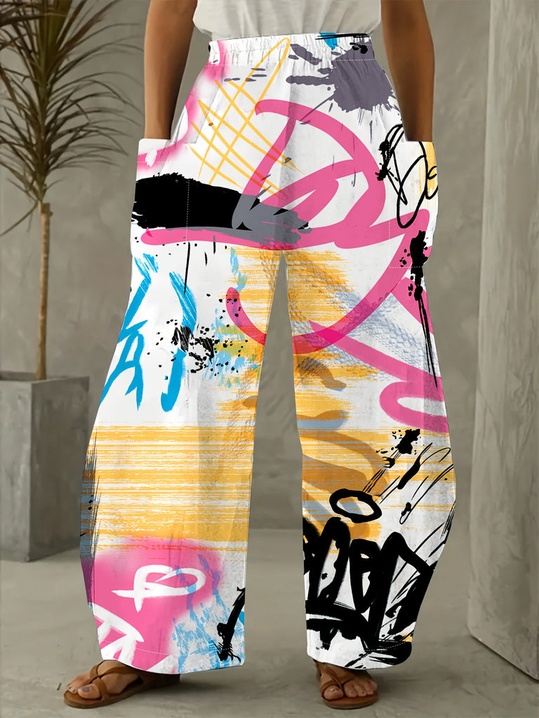 Graffiti Print Baggy Pants, Casual Elastic High Waist Dual Pockets Loose Pants For Spring & Summer, Women's Clothing