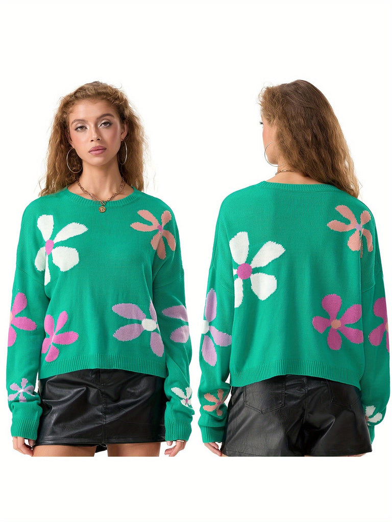 Women's Casual Floral Print Sweaters Long Sleeve Crew Neckline Drop Shoulder Loose Knit Pullover Tops