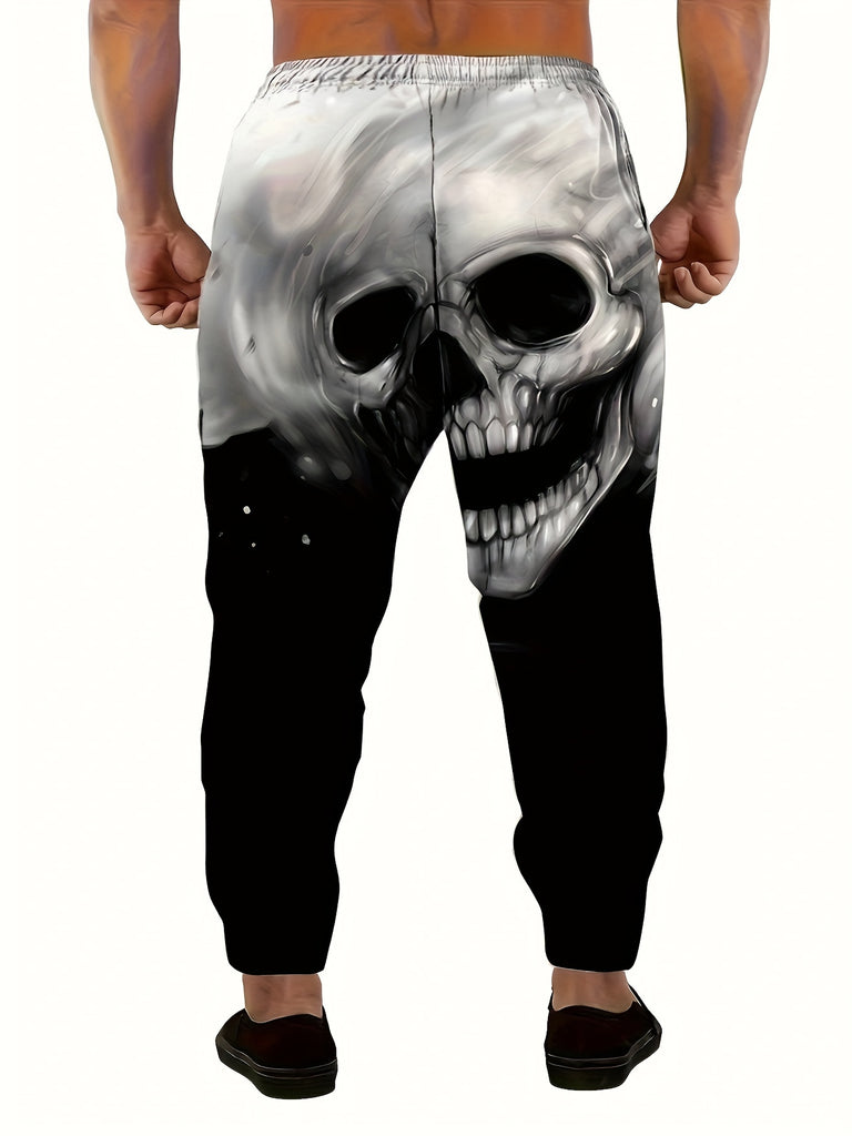 Men's Halloween Themed Skull Graphic Jogger Pants with Drawstring, Casual Sports Trousers as Gift