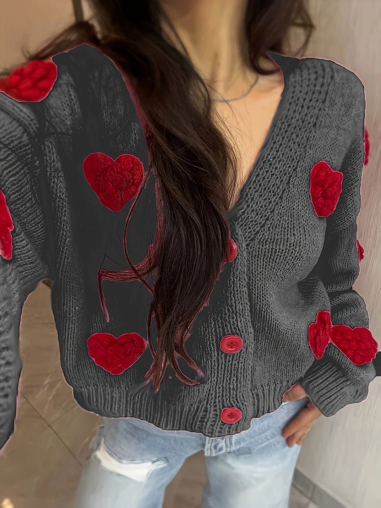 Heart Pattern Button Down Knit Cardigan, Casual V Neck Long Sleeve Loose Sweater, Women's Clothing