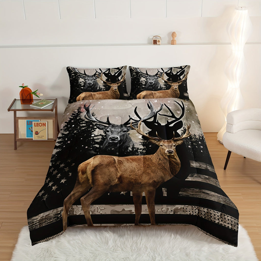 3pcs Fashion Comforter Set (1 * Comforter + 2 * Pillowcase, No Core), Vintage Hunting Theme Forest Deer American Flag Print Bedding Set, Soft And Comfortable Skin-friendly For Bedroom, Guest Room