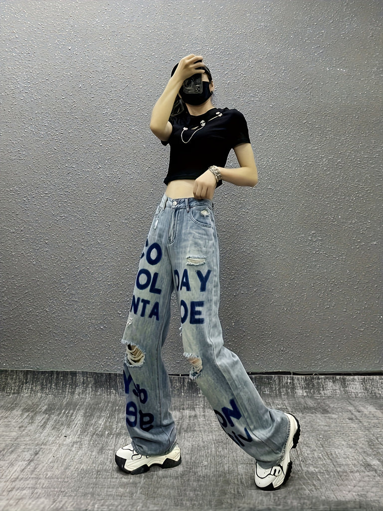 Ripped Knee Cut Loose Fit Letter Print Washed Jeans, Casual Style Zipper Button Closure Denim Pants, Women's Denim Jeans & Clothing