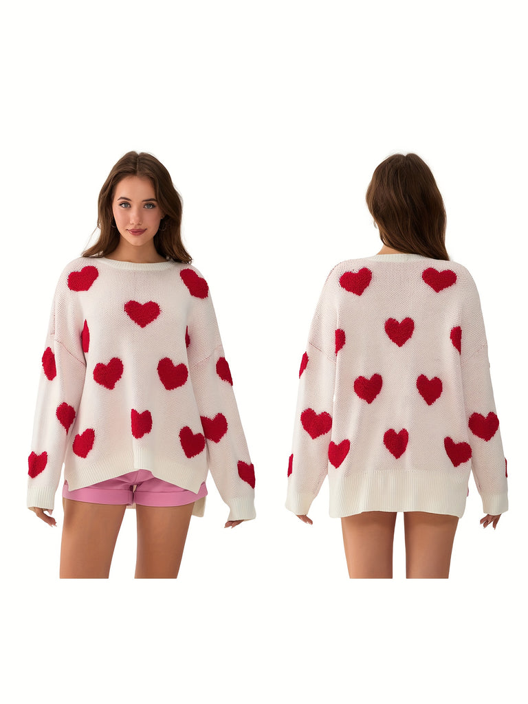 Chic Heart Pattern Sweater for Women - Cozy Acrylic, Long Sleeve, Round Neck Pullover - Perfect for Fall & Winter