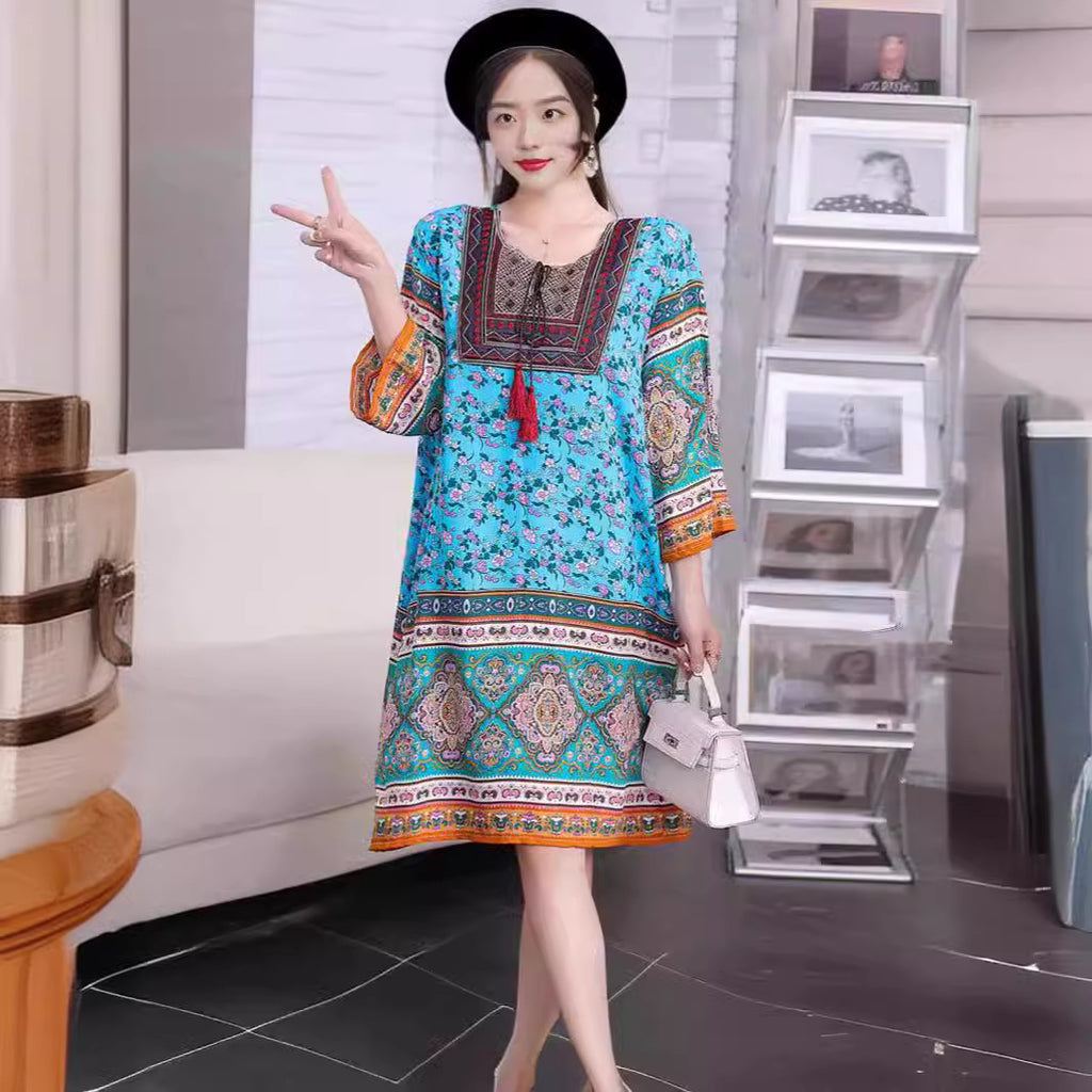 Cotton Silk Floral Dress Vintage Women's Clothing