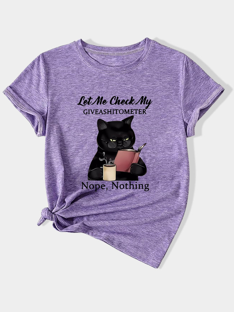"Women's Funny Black Cat Graphic Tee - Vintage Style Casual Summer Sporty Top, Round Neck Short Sleeve T-Shirt With ""Let Me Check My Giveashitometer - Nope, Nothing"" Print - For Women - Perfect for Casual Wear, Summer Activities & Gift for Cat Lovers"
