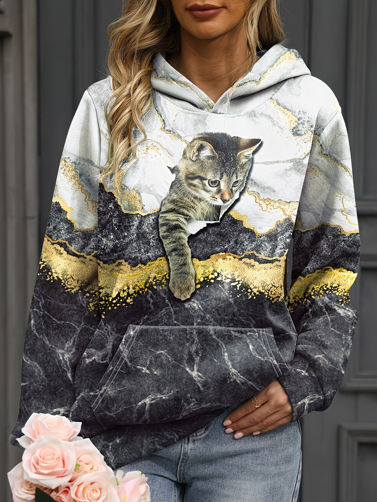 Cat Print Kangaroo Pocket Hoodie, Casual Long Sleeve Hoodies Sweatshirt, Women's Clothing