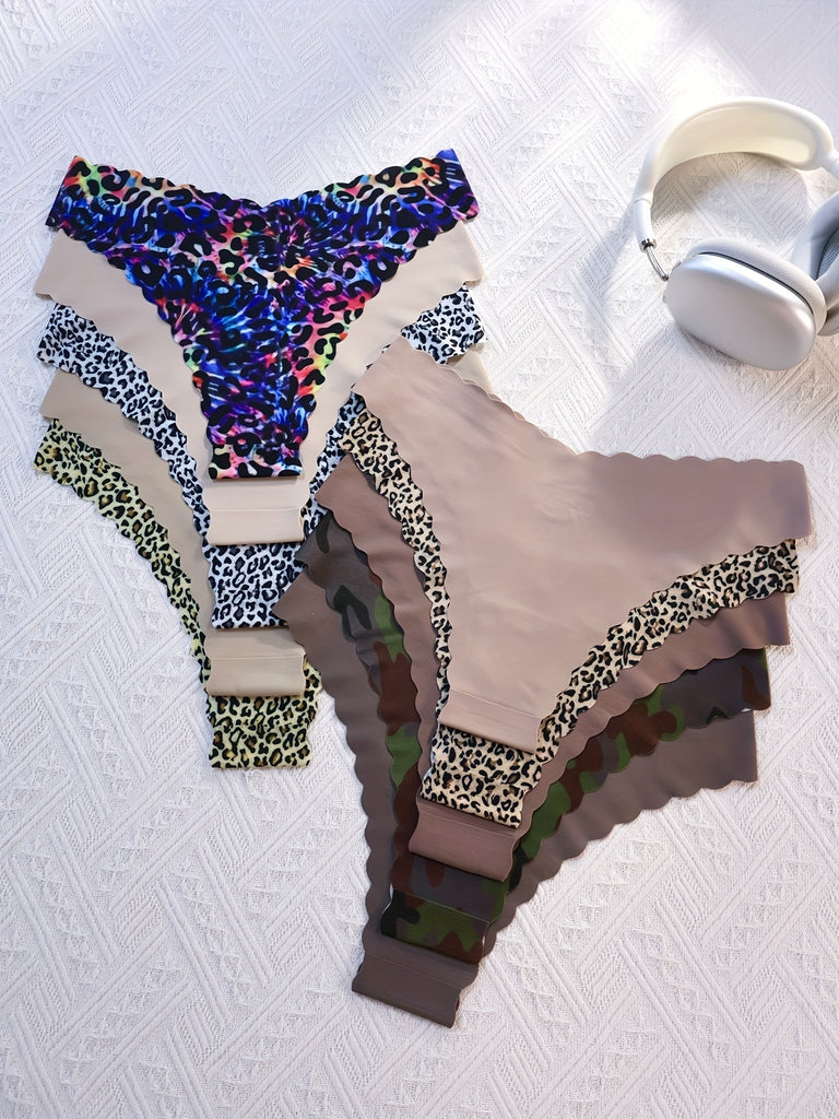 10pcs camouflage leopard print patchwork autumn and winter melad color Women's panties one-piece non-marking nude Women's panties with wavy edges, soft and breathable, quick-drying, sports, fitness, yoga, dance Women's panties, multi-pack family pack