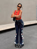 Skinny Fit Floral Print Washed Jeans, Vintage Style Zipper Button Closure Denim Flare Leg Pants, Women's Denim Jeans & Clothing