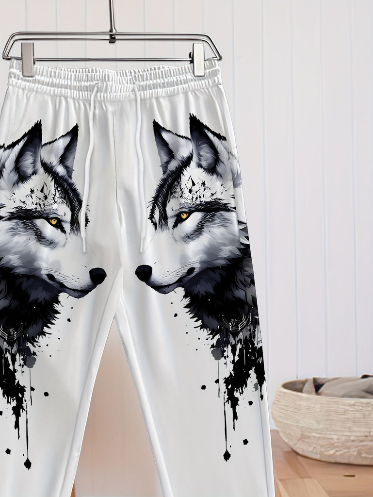 Men's Casual Wolf Print Sweatpants - 100% Polyester Knit Fabric with Slight Stretch, Regular Fit Trousers for Weekend Casual - Spring/Fall Season Track Pants with Animal Design