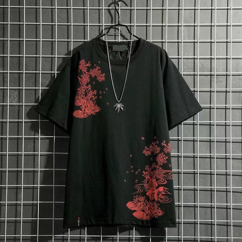 Men's Japanese-style Tattoo T-shirt Cherry Blossom Pattern Top