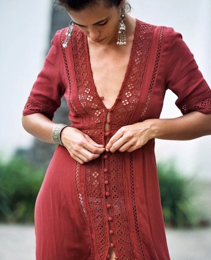 European and American foreign trade FP beach resort openwork lace stitching dress
