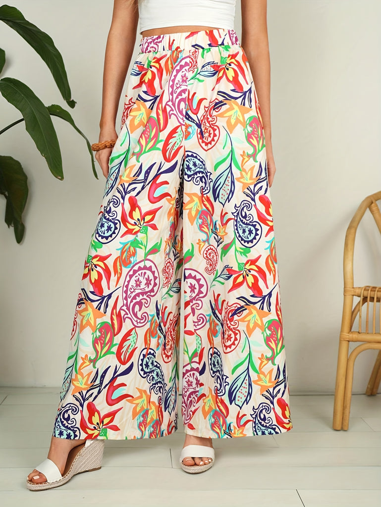 Stylish Paisley Print Wide Leg Pants - Women's High Waist Elastic Casual Pants for Spring & Summer - Comfortable, Breathable, and Fashionable Clothing for Ladies