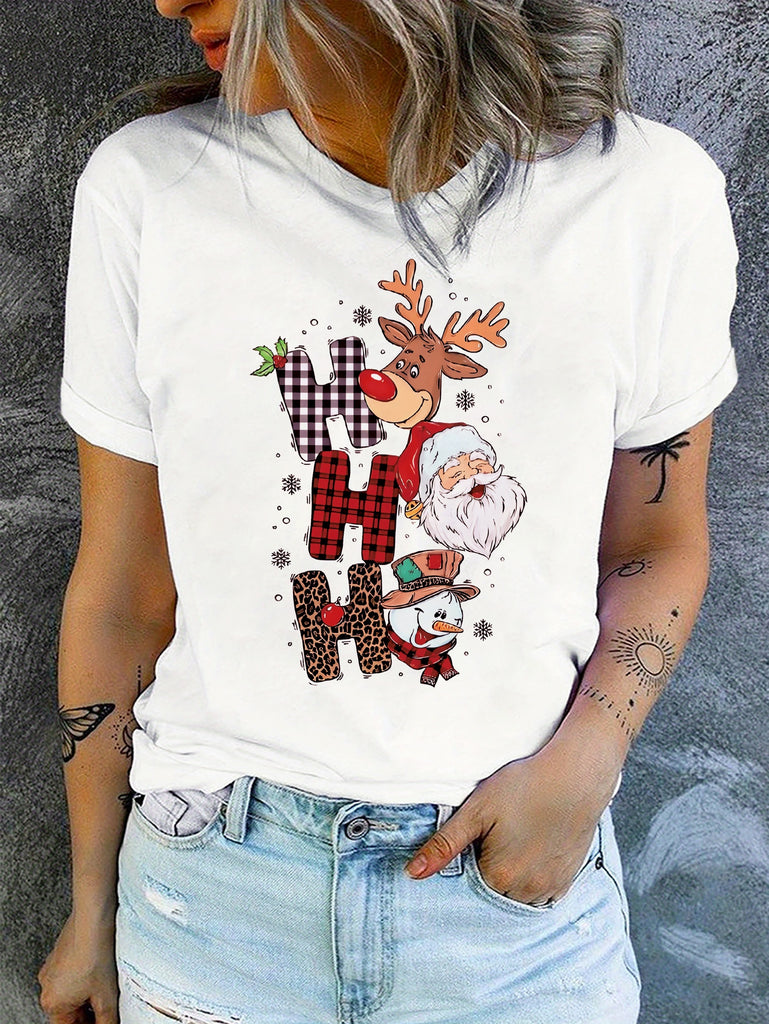 Women's Festive Christmas T-Shirt with Santa, Snowman & Reindeer Print - Breathable, Casual Crew Neck Short Sleeve Top - Perfect Holiday Gift