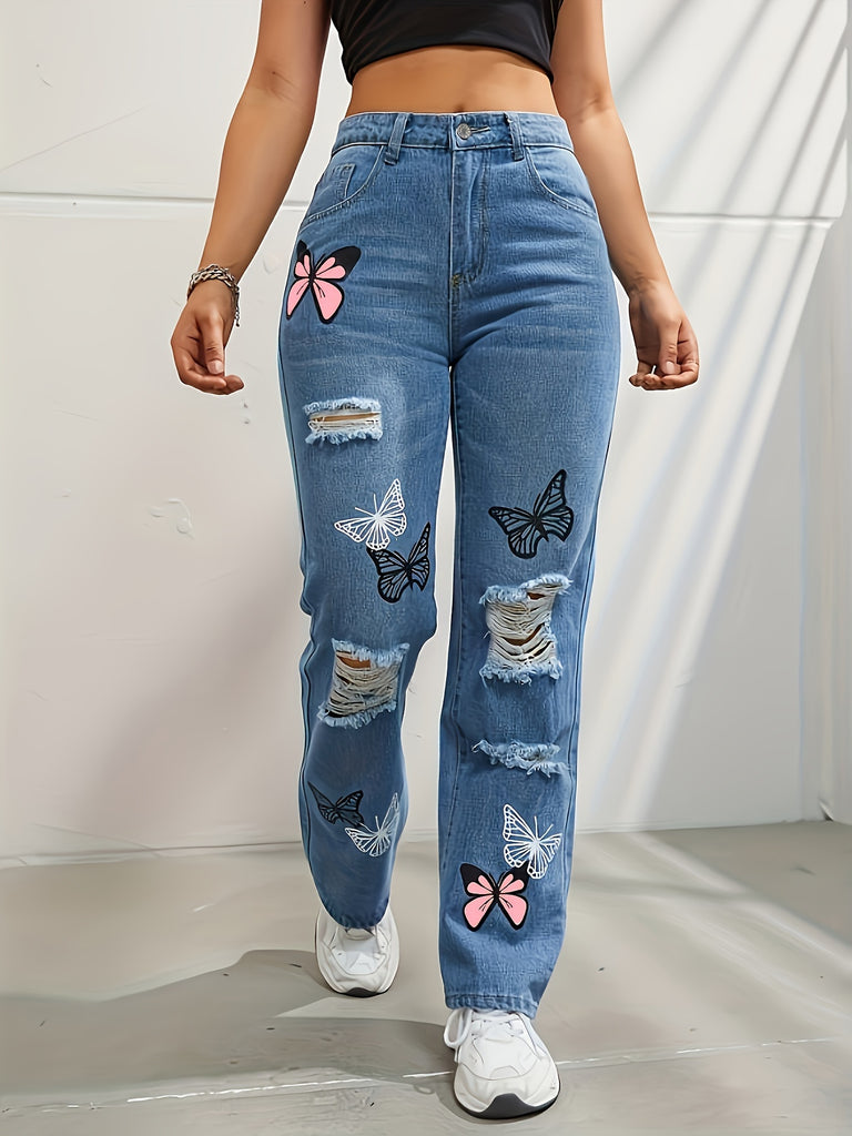 Women's Butterfly Print Cut Holes Cut Fashion Denim Straight Leg High Waist Color Denim Pants