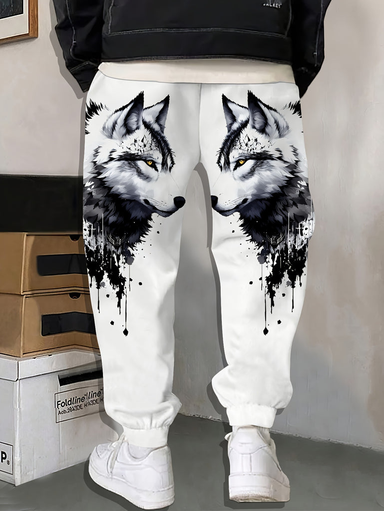 Men's Casual Wolf Print Sweatpants - 100% Polyester Knit Fabric with Slight Stretch, Regular Fit Trousers for Weekend Casual - Spring/Fall Season Track Pants with Animal Design