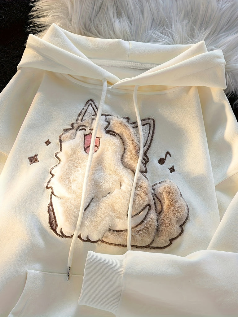 Fluffy Cat Texture Drawstring Hoodie, Casual Long Sleeve Kangaroo Pocket Hoodie Sweatshirt, Women's Clothing