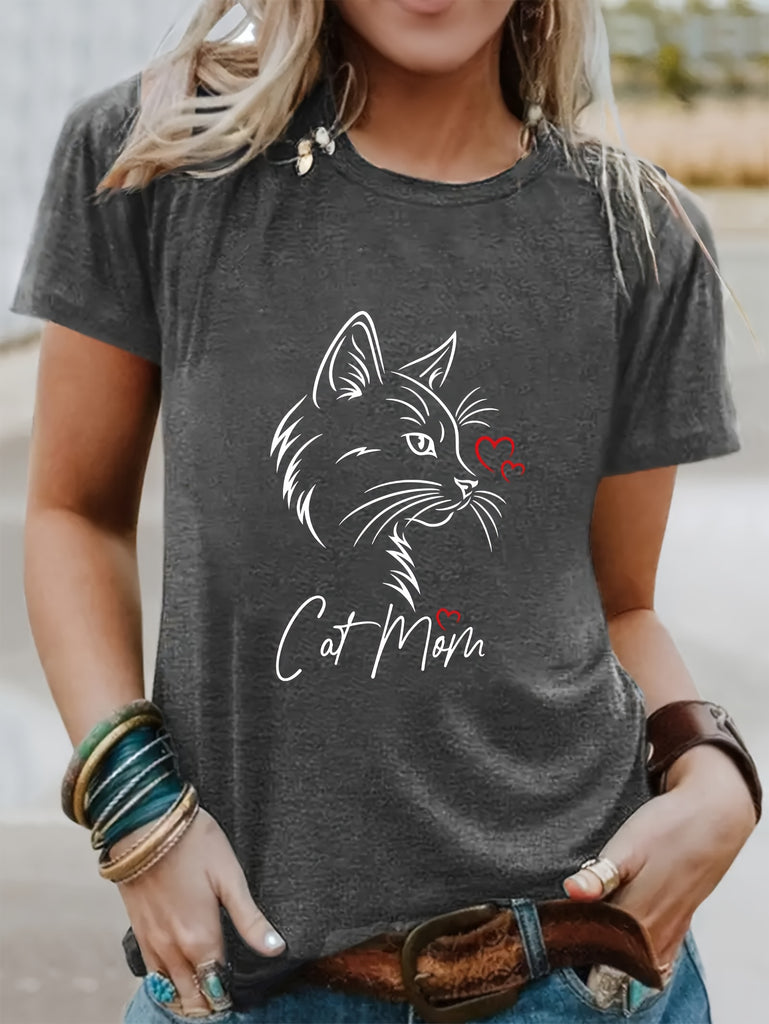 1pc Women'S Casual Cat Mom Print Round Neck Short Sleeve T-Shirt, Polyester Knit Fabric, All Seasons Graphic Tee with Heart Detail