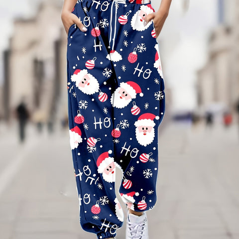 1pc Festive Christmas Print Women'S Casual Jogger Pants - Polyester Knit Fabric, All-Season Long Length Trousers with Pockets, Adult Holiday Santa Claus Pattern Lounge Pants - For Women - Suitable for Christmas & Holiday Season - Perfect Gift for Family