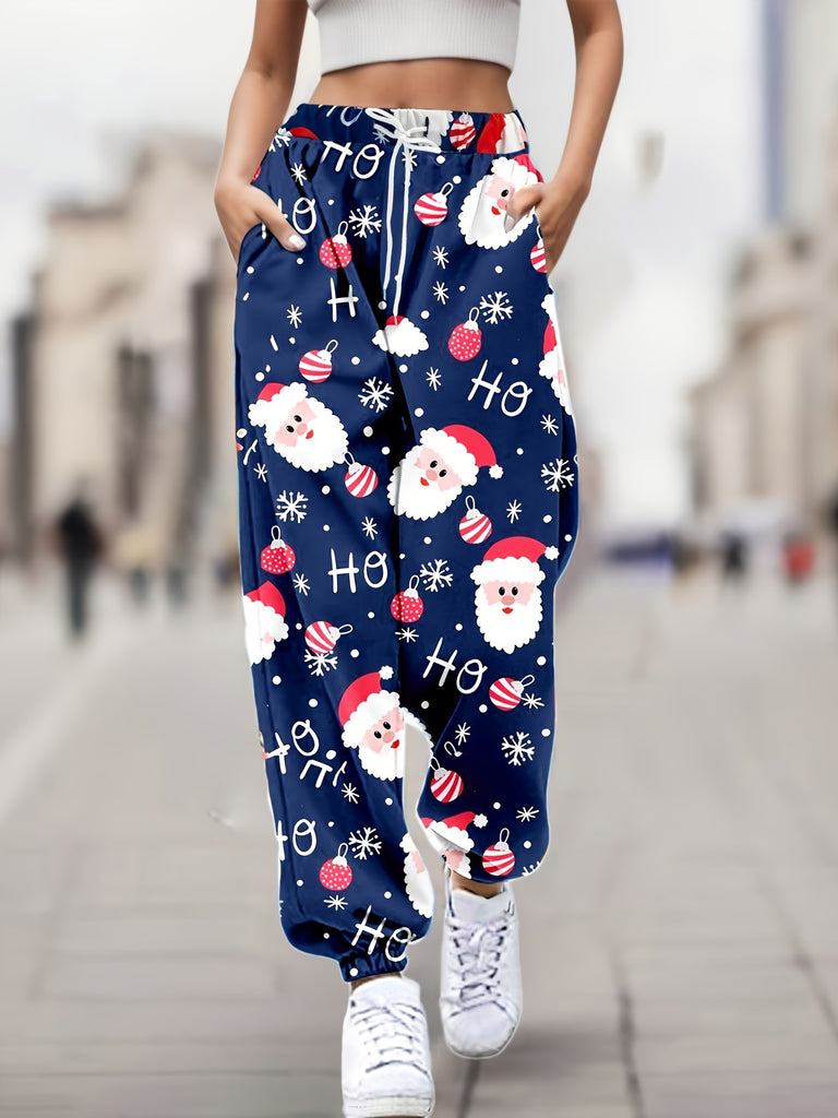 1pc Festive Christmas Print Women'S Casual Jogger Pants, Polyester Knit Fabric, All-Season Long Length Trousers with Pockets, Adult Holiday Santa Claus Pattern Lounge Pants