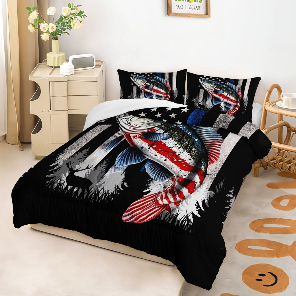 3Pcs Modern Fashion Polyester Comforter Set (1 * Comforter + 2 * Pillowcases, Not Including Pillow Core), American Flag Striped Bass Print Bedding Set, Soft And Comfortable Skin-friendly Comforter For Bedroom, Guest Room.