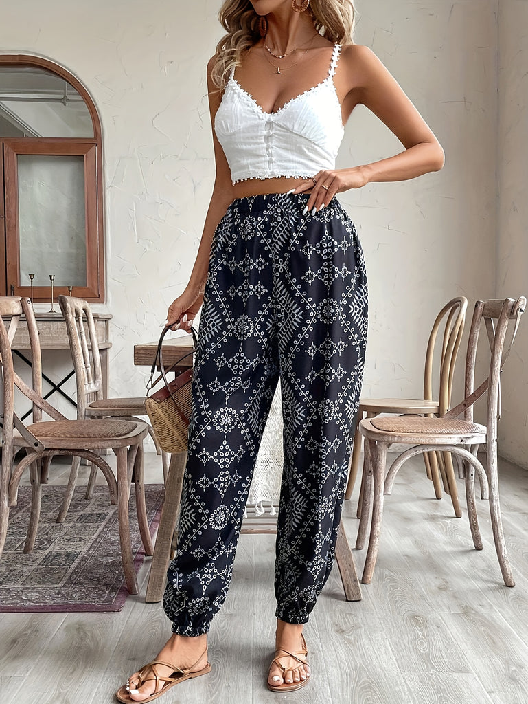 Tribal Print Fitted Bottom Joggers, Casual High Waist Pants For Spring & Summer, Women's Clothing