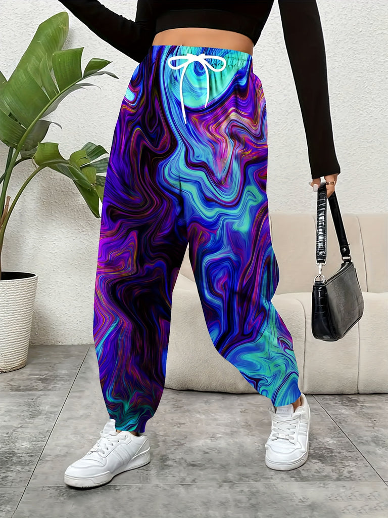 Ripple Print Jogger Pants - Comfortable Casual Sporty Color Block Tie Elastic Waist Pants for Spring & Fall, Women's Fashion Clothing with Relaxed Fit and Versatile Style