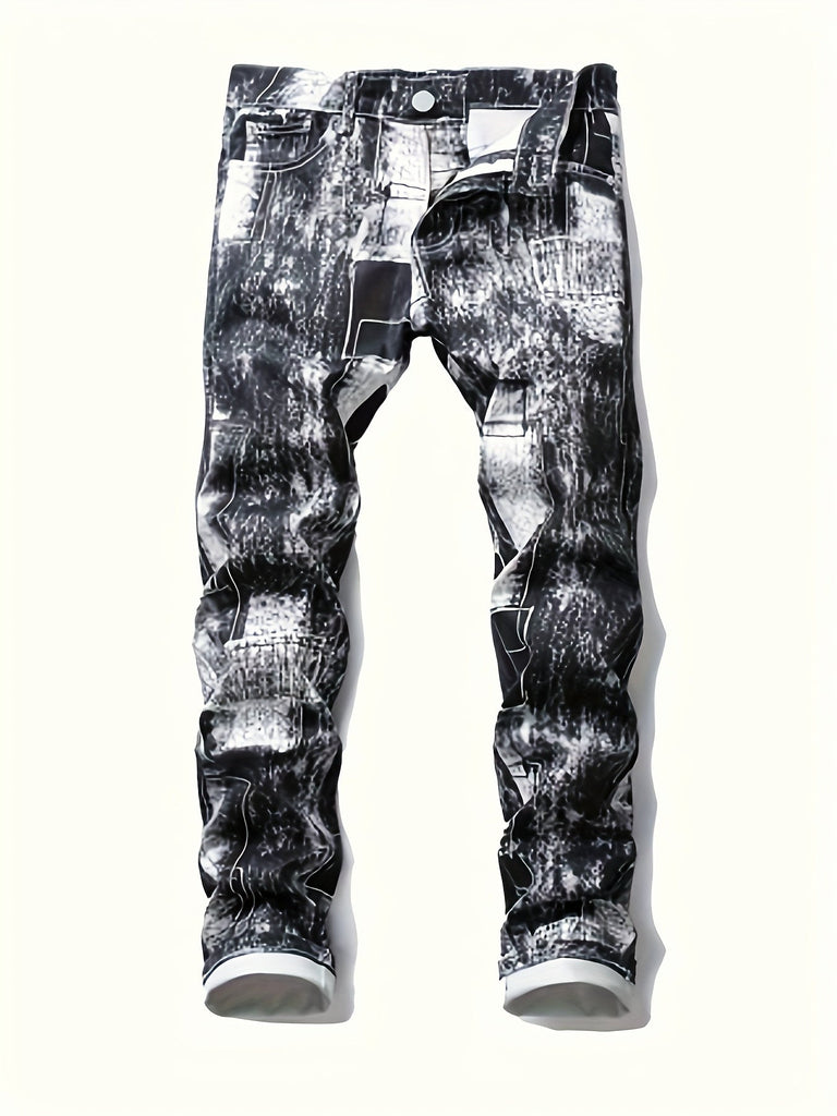 Men's Creative Pattern Print Denim Pants For Males, Trend Leisure Jeans