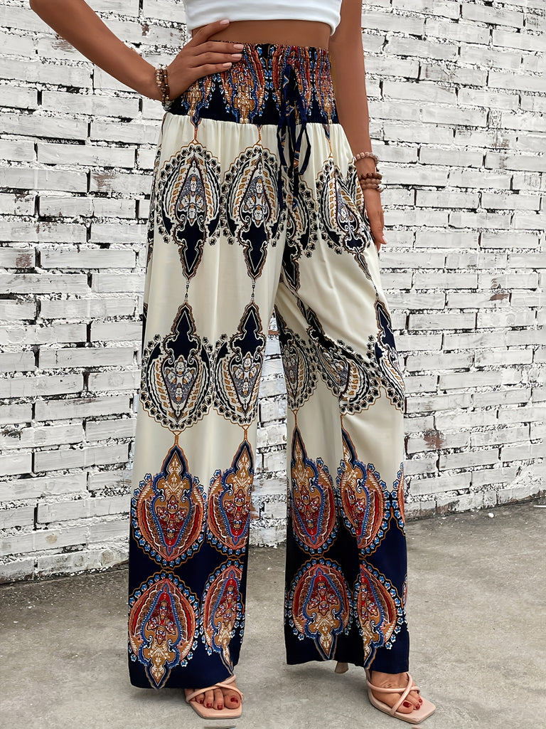 Bohemian Ethnic Graphic Print Pants - Flowy Wide Leg, Elastic Shirred Waist, Womens Fashionable Casual Wear