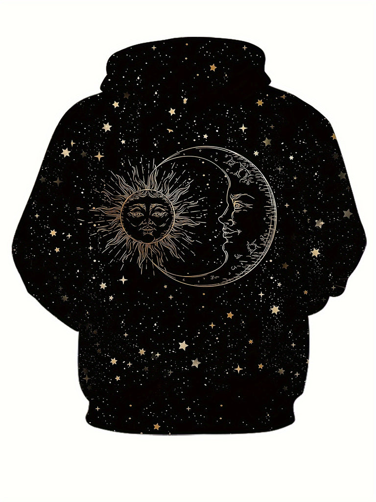 Sun & Moon Print Drawstring Hoodie, Casual Long Sleeve Kangaroo Pocket Sweatshirt For Fall & Winter, Women's Clothing