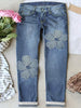 Plus Size Floral Patchwork Lace Contrast Hem Coquette Aesthetic Denim Pants, Women's Denim Jeans & Clothing