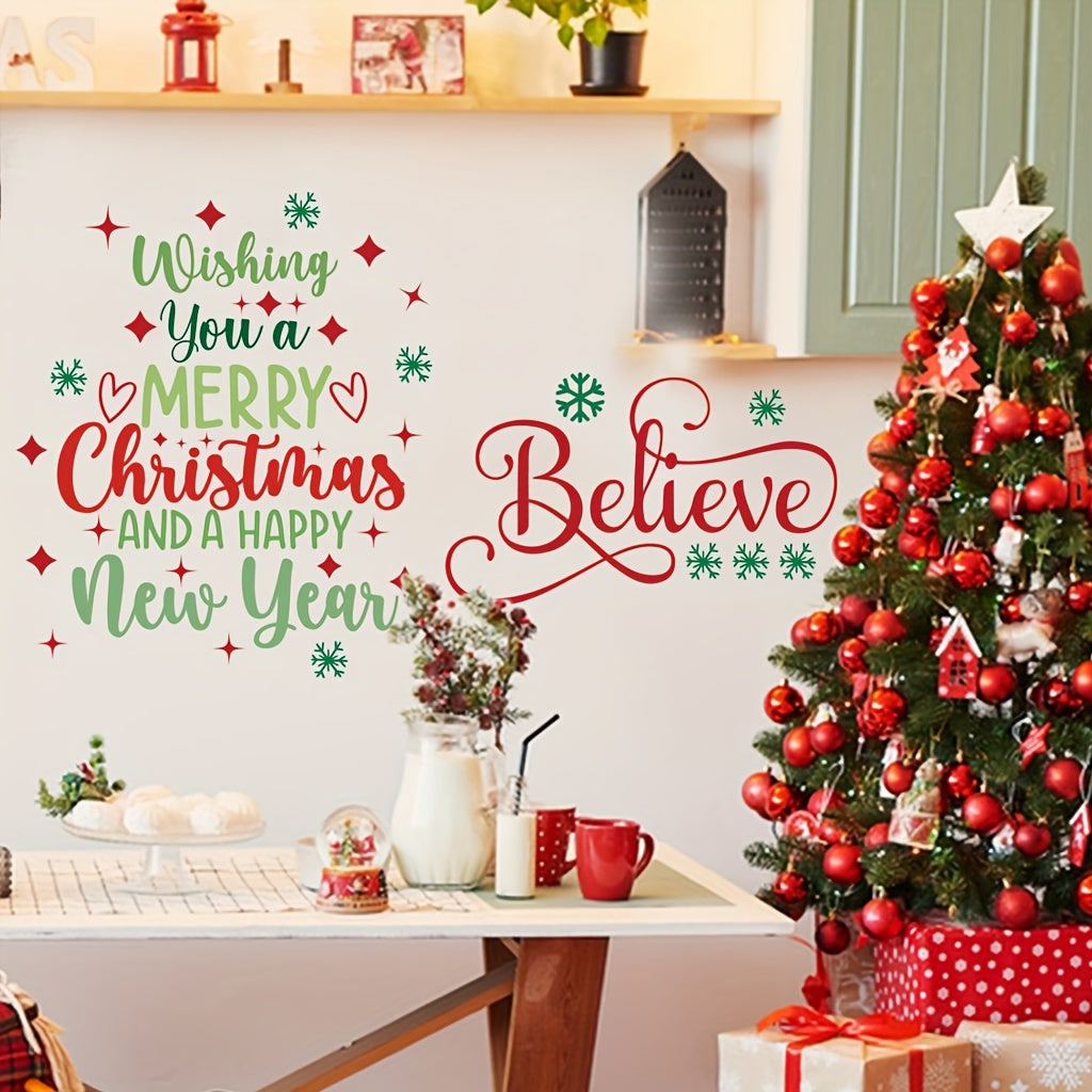 Happy New Year & Believe Quote Christmas Wall Decals - Removable Tree Stickers for Festive Home & Window Decor, Matte Finish PVC