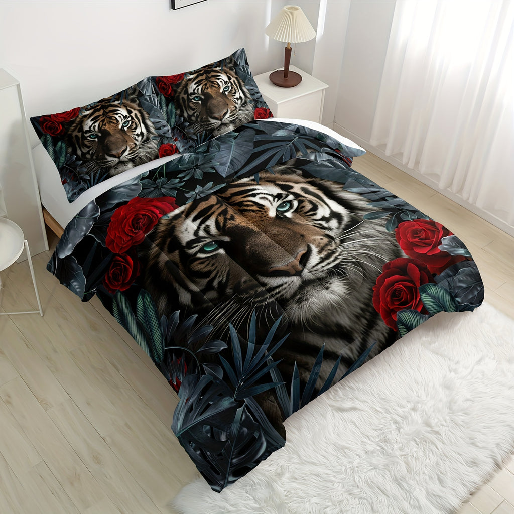 Red Comforter Set, Tiger Comforter Set Queen, Red Rose Flowers Plants Quilt Set Room Decor, 3D Print Wild Animals Plants Bedding Romantic Ultra Soft Comforter Set Insert 3pcs, 2 Pillowcases