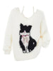 Cute Animal Graphic V-Neck Sweater for Women, Acrylic Blend Knit Fabric with Eyelet Embroidery, Long Sleeve Off-Shoulder Pullover with Bow Detail