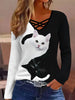 Cat Print V Neck T-Shirt, Elegant Long Sleeve T-Shirt For Spring & Fall, Women's Clothing