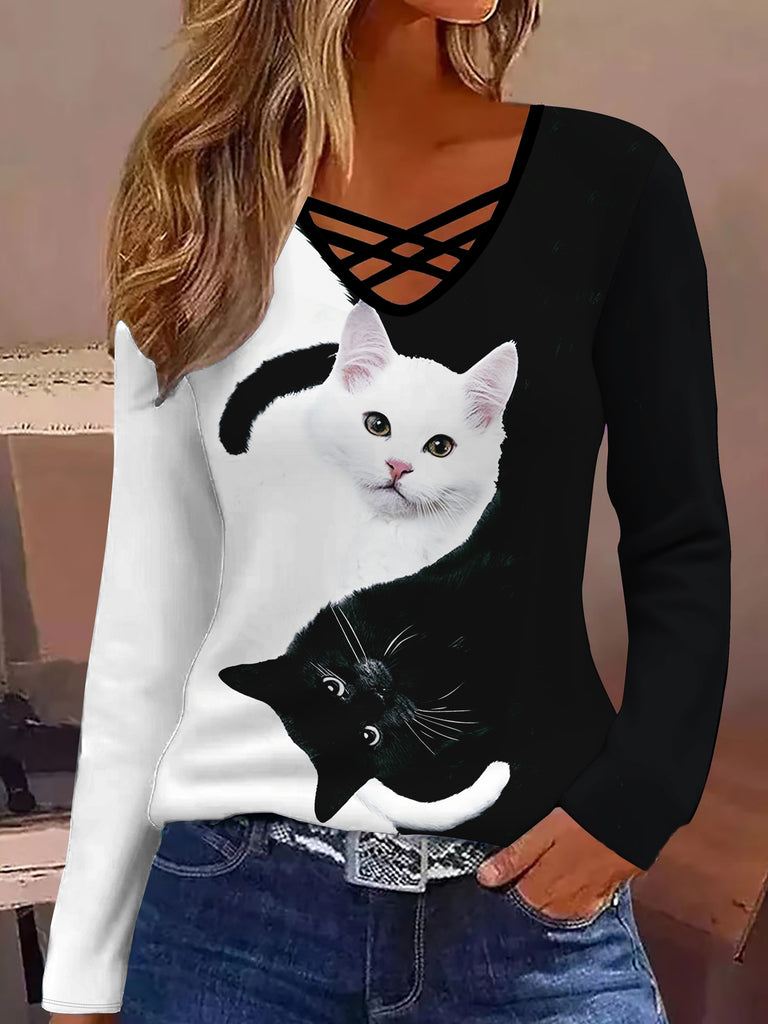 Cat Print V Neck T-Shirt, Elegant Long Sleeve T-Shirt For Spring & Fall, Women's Clothing