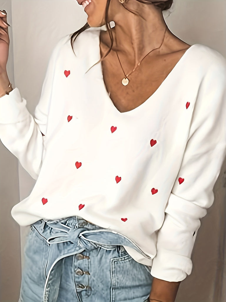 Valentine's Day Heart Print Sweater, Casual V Neck Long Sleeve Sweater For Fall & Winter, Women's Clothing