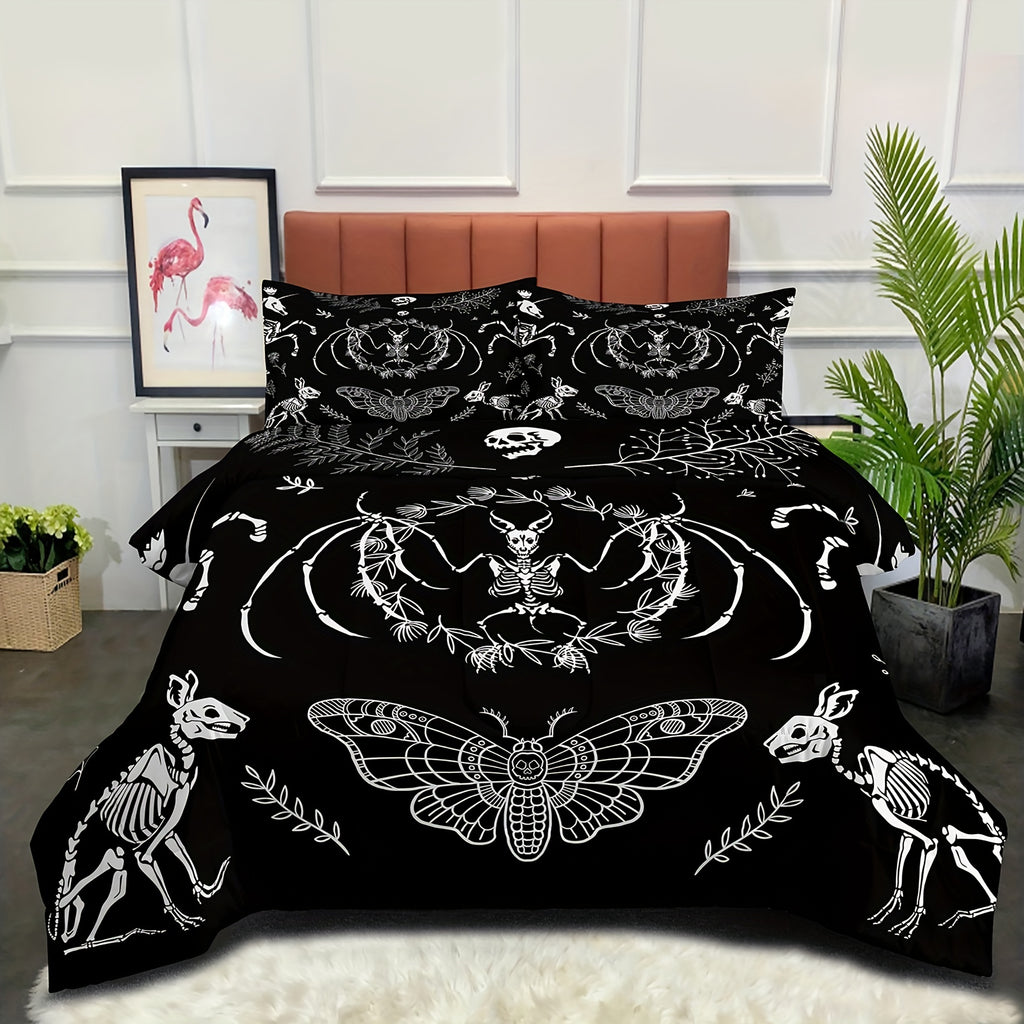 2/3pcs Modern Gothic Comforter Set, Black And White Moth Print Bedding Set, Soft Comfortable And Skin-friendly Comforter For Bedroom, Guest Room (1*Comforter + 1/2*Pillowcase, Without Core)