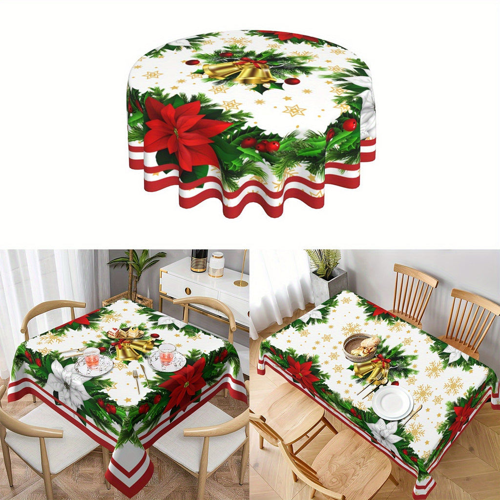 Merry Christmas Tablecloth - Festive Snowflake Design, Round Polyester Dining Cover for Holiday & Farmhouse Parties