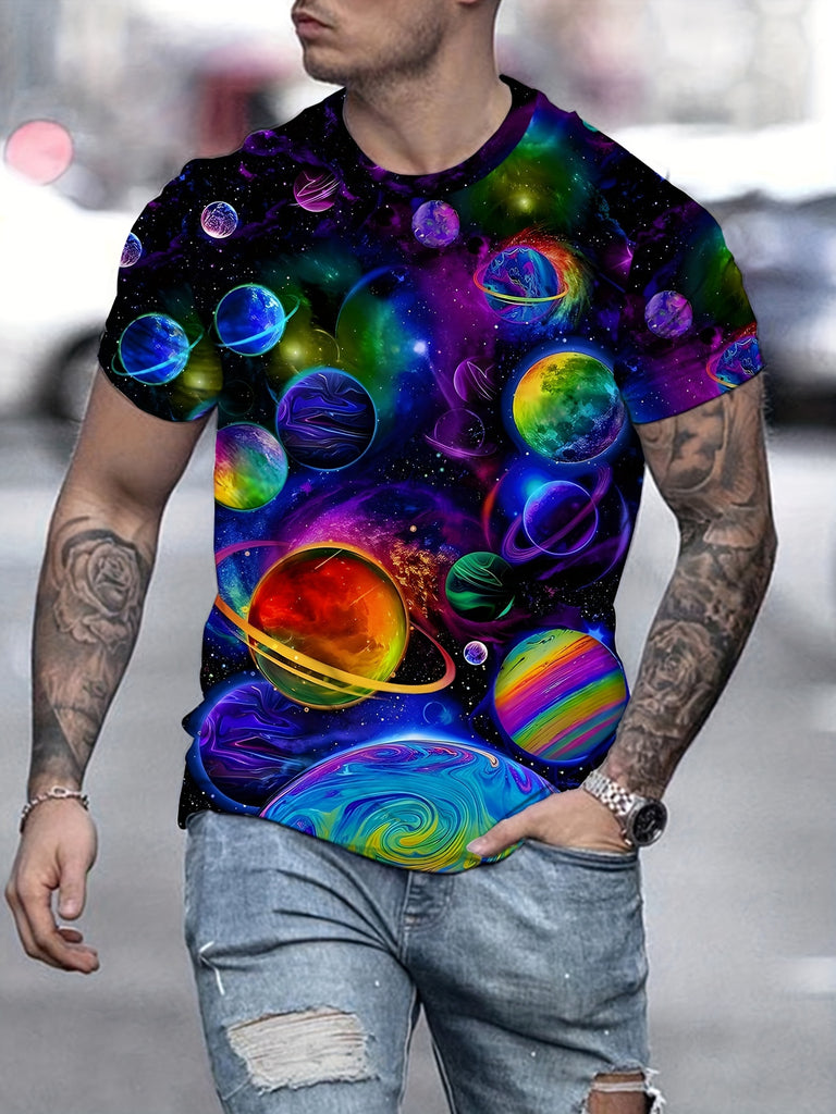 Men's Colorful Cosmic Planet Pattern Printed T-shirt - Lightweight Short sleeved Round Neck, Perfect for Outdoor Adventures and Daily Style