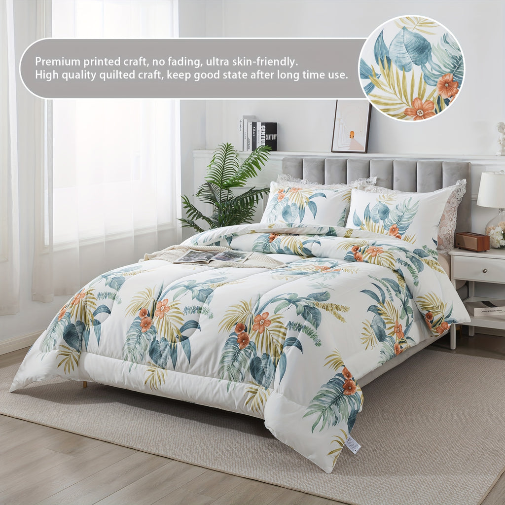 3Pcs 100% Cotton Tropical Style Floral Palm Leaf Print Summer Comforter Set, Soft Aesthetic Plant Pattern Thin White Down Alternative Comforter Beddings, Lightweight Garden Theme Modern Bed Sets, Twin Queen King, (1 Comforter + 2 Pillowcases)