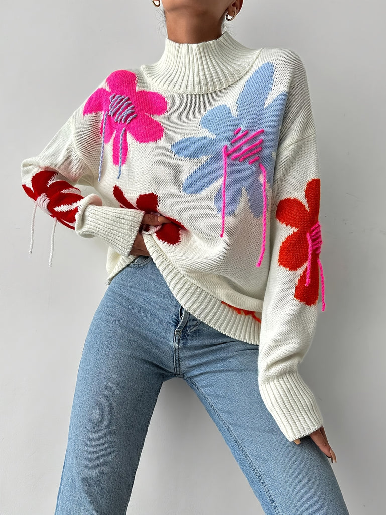 Floral Pattern Drop Shoulder Sweater, Stylish Turtle Neck Long Sleeve Pullover Sweater For Winter & Fall, Women's Clothing