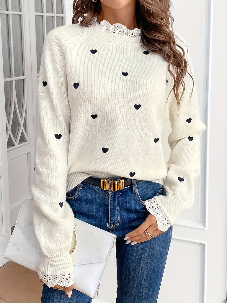 Heart Print Contrast Lace Crew Neck Sweater, Elegant Long Sleeve Sweater For Spring & Fall, Women's Clothing