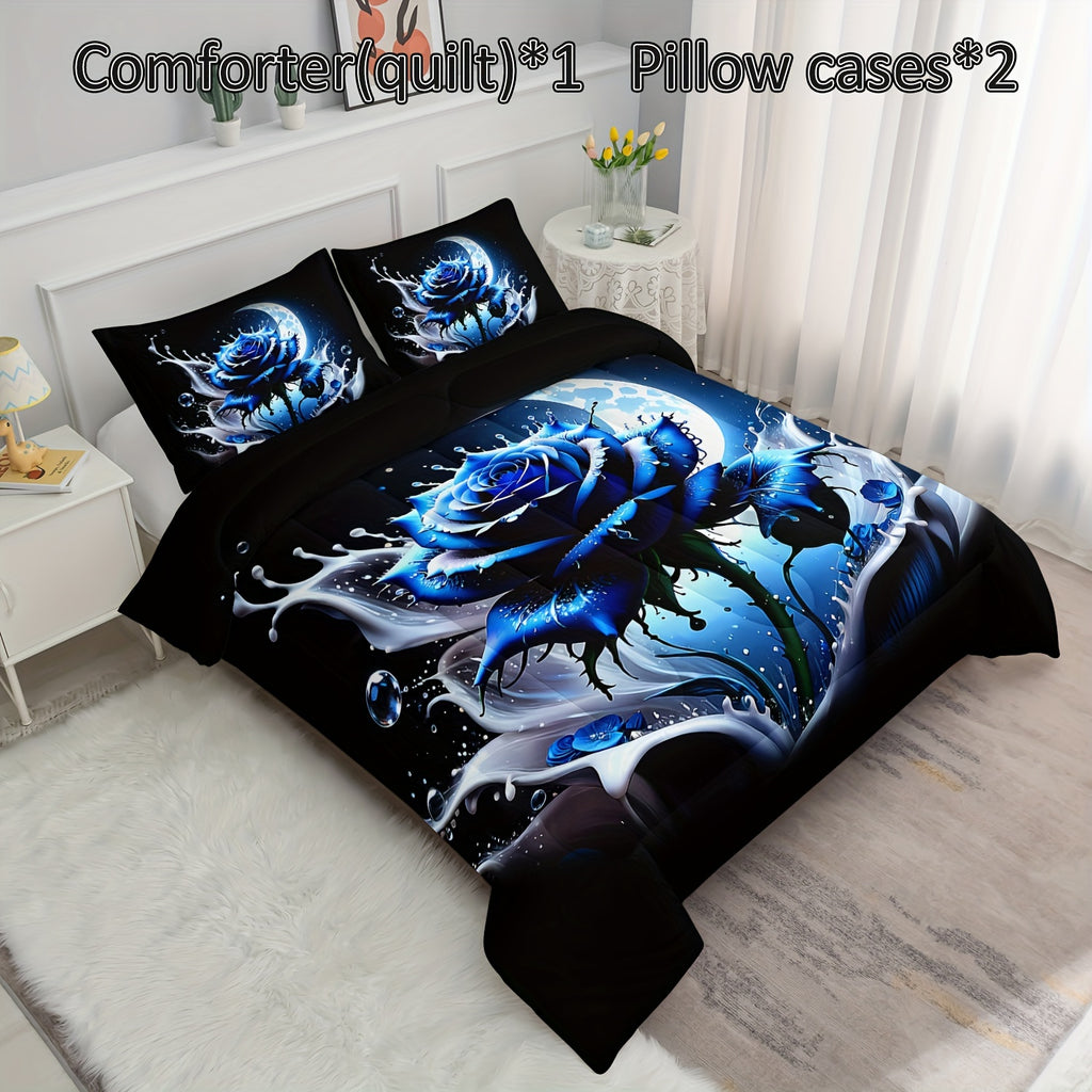 3pcs Modern Fashion Polyester Comforter Set (1*Comforter + 2*Pillowcase, Without Core), Blue Rose Glowing Moon Print Bedding Set, Soft Comfortable And Skin-friendly Comforter For Bedroom, Guest Room.