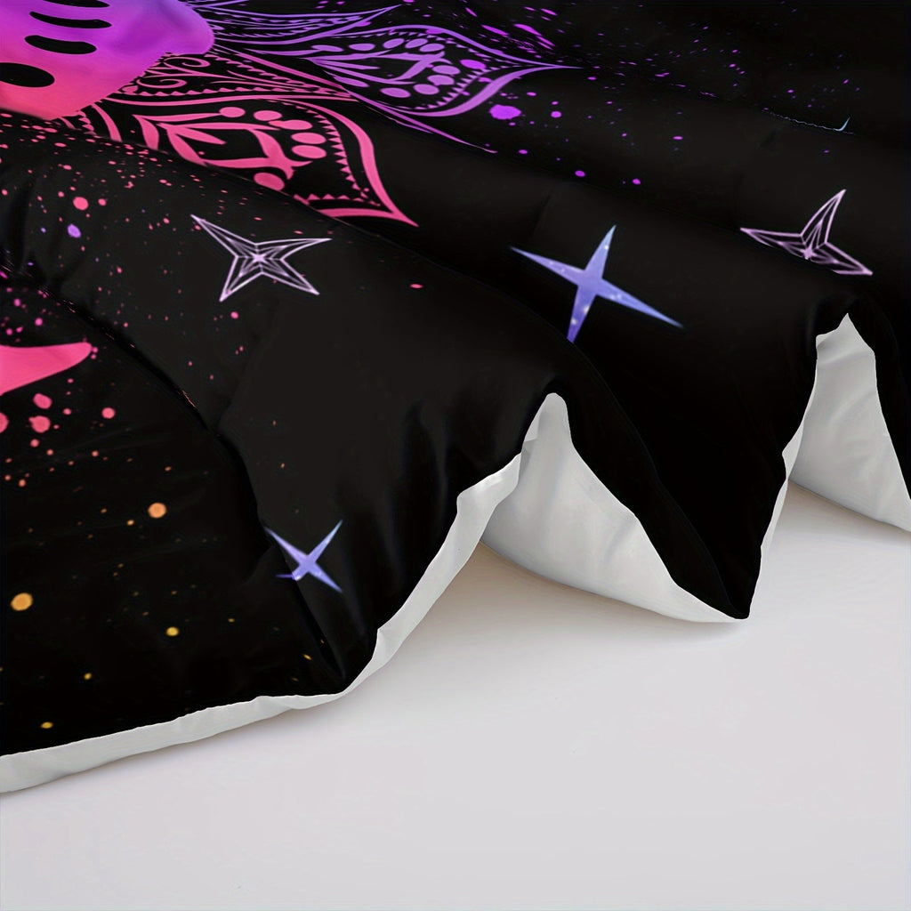 3Pcs Sun And Moon Bedding Set, Mushroom Comforter Set Boho Exotic Style Bedding Set Cosmic Planets, Bohemian Bedding Astrology Comforter For Adults Women, 1 Quilt 2 Pillowcases, Black (Without Core)